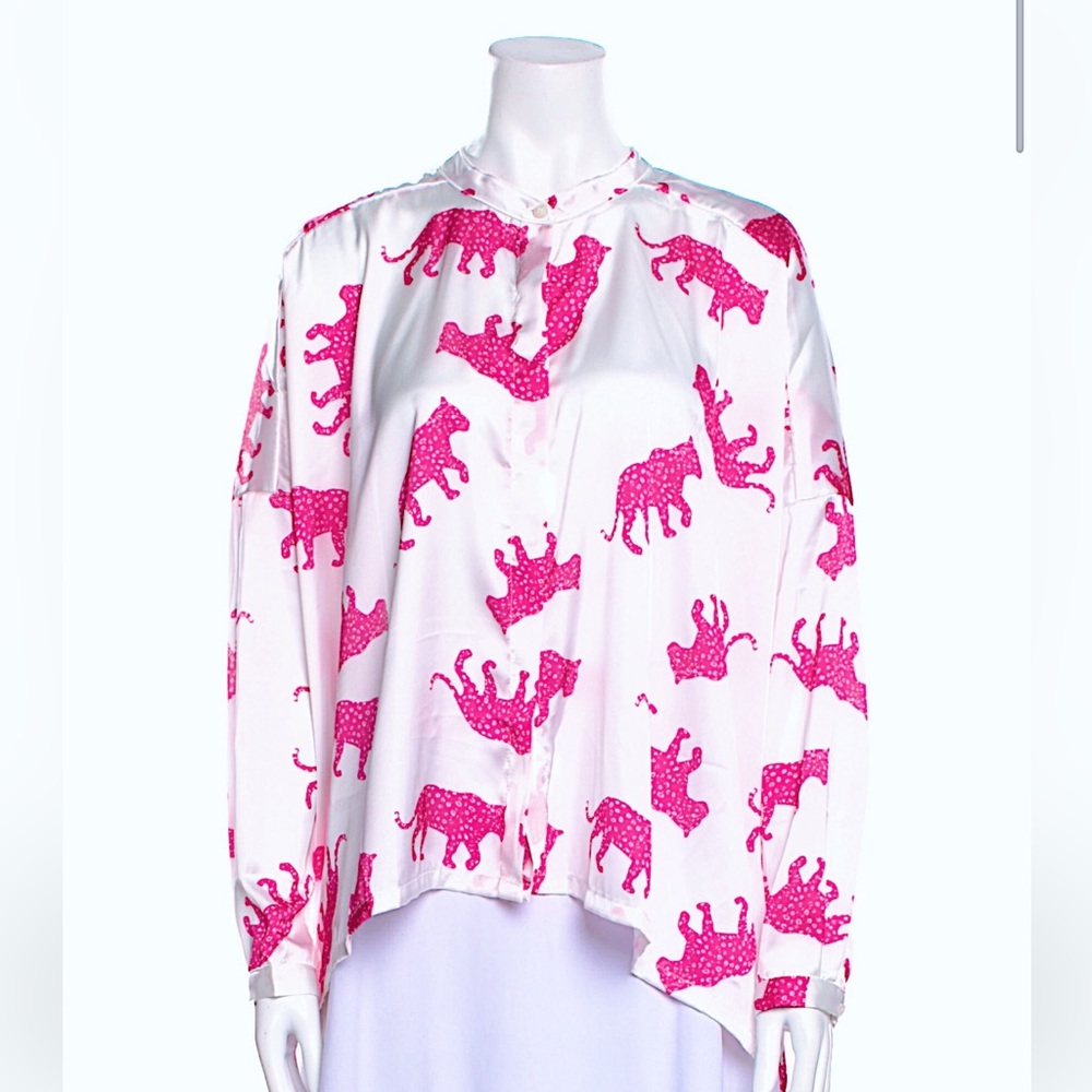 NWT KOCH Bret Silk Button Down Top in Hot Pink Jaguar